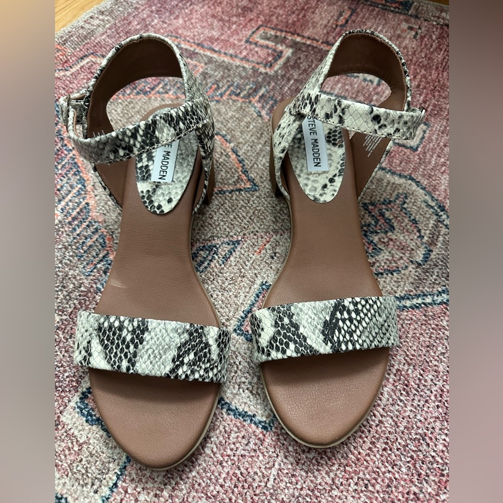 Steve Madden April Snake-Print Ankle-Strap Sandals Block Heel